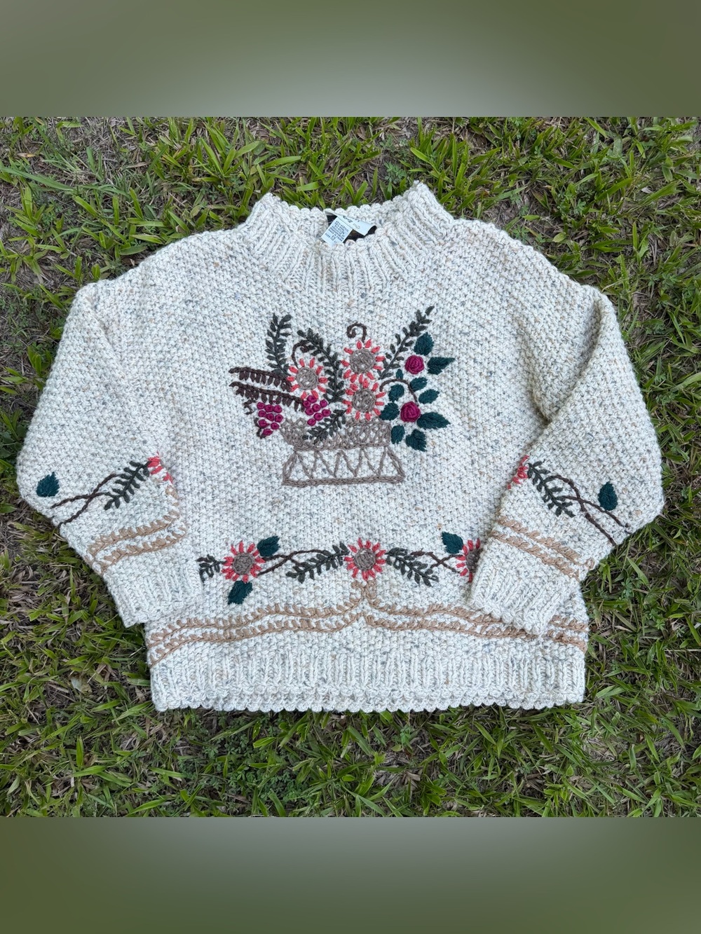 Hand Knitted C. IE Internationale Express Floral sunflower mock neck sweater